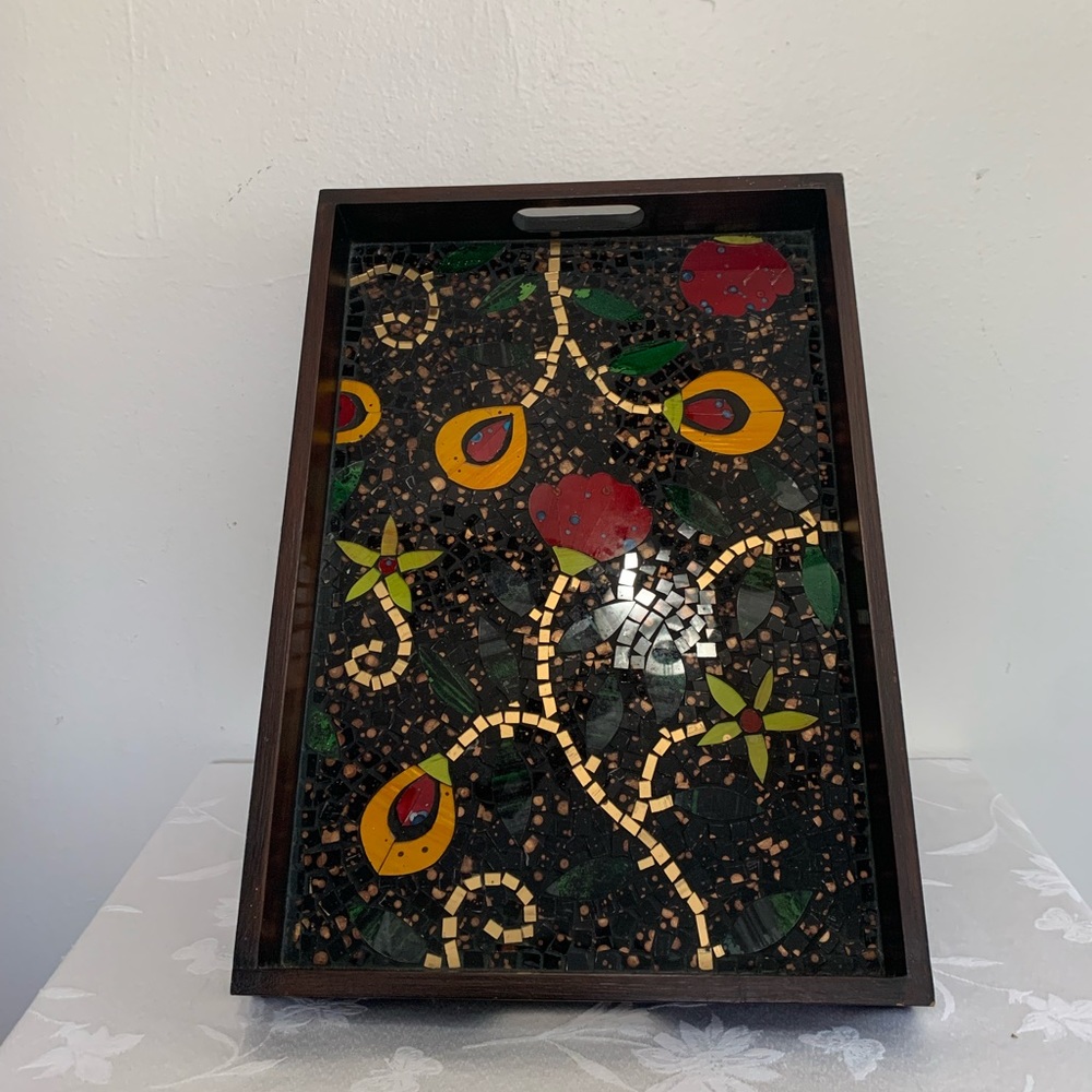 Wooden tray stain glass insert 20x13.5x2